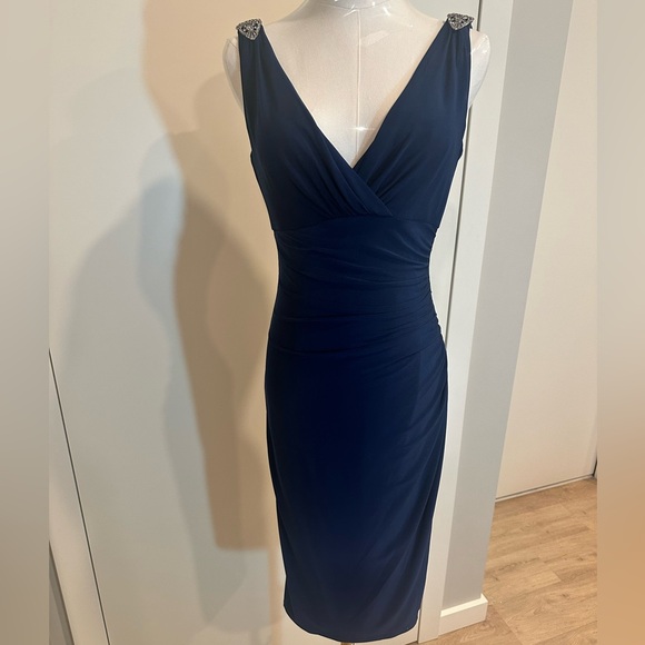 Lauren Ralph Lauren Evening Navy Cocktail Dress Midi Size 2 Elegant Evening - Picture 1 of 11